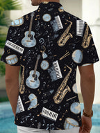 Oceanlyte Men's Hawaiian Musical Instruments Print Short Sleeve Shirt with Chest Pocket