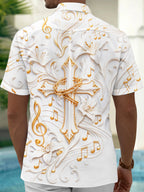 Oceanlyte Men's 3D Golden Cross With Crown Of Thorns Print Short Sleeve Shirt with Chest Pocket