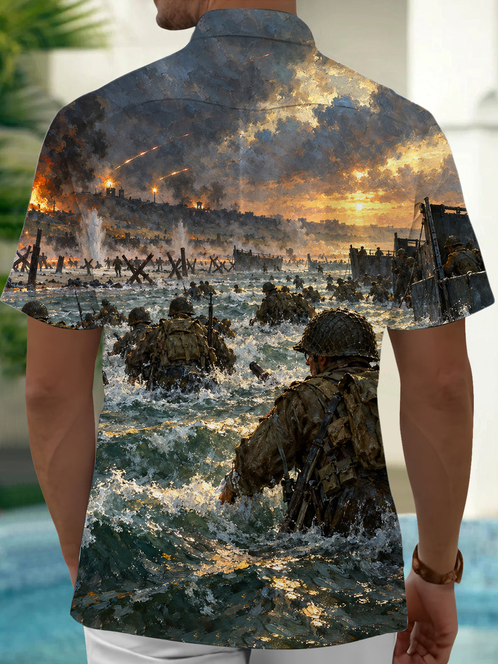 Oceanlyte Men's Short Sleeve Shirt - The "The Longest Day" World War II Beach Landing Scene Print with Chest Pocket