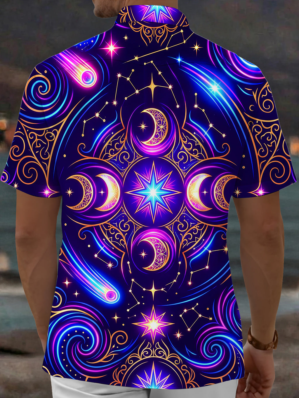 Oceanlyte Men's Hawaiian Crescent Moons And Stars Print Short Sleeve Shirt with Chest Pocket