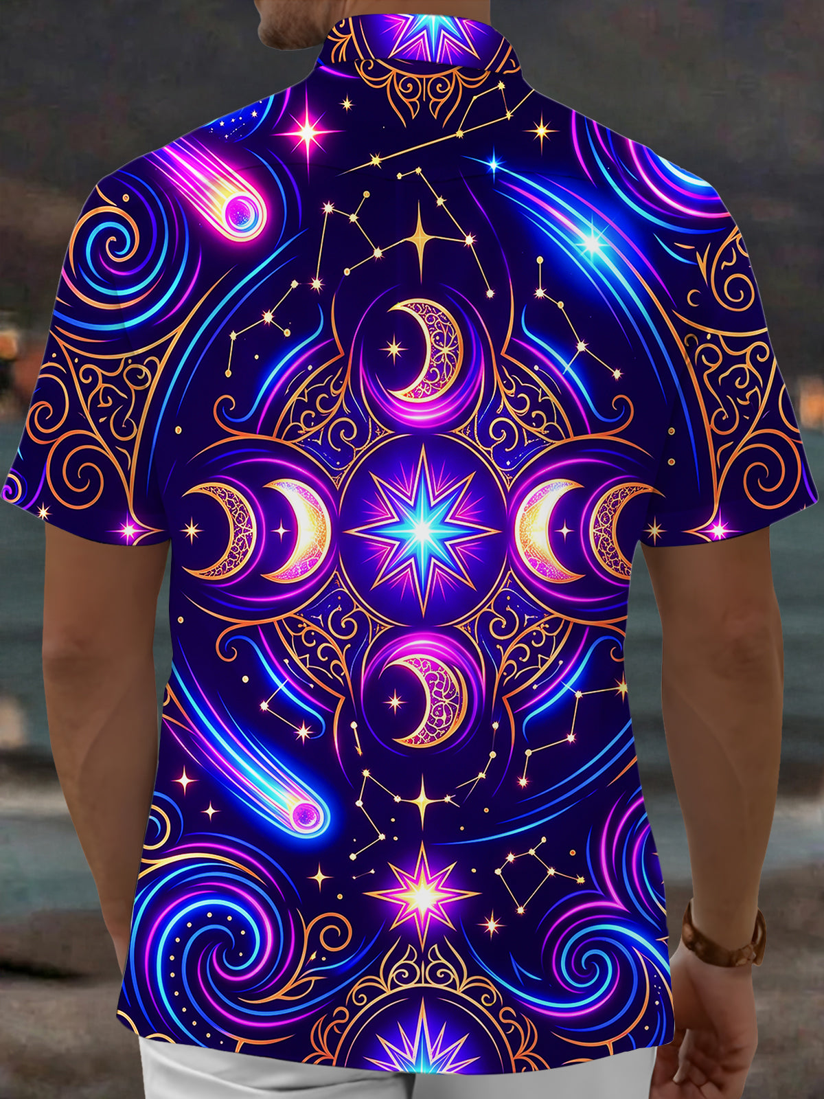Oceanlyte Men's Hawaiian Crescent Moons And Stars Print Short Sleeve Shirt with Chest Pocket