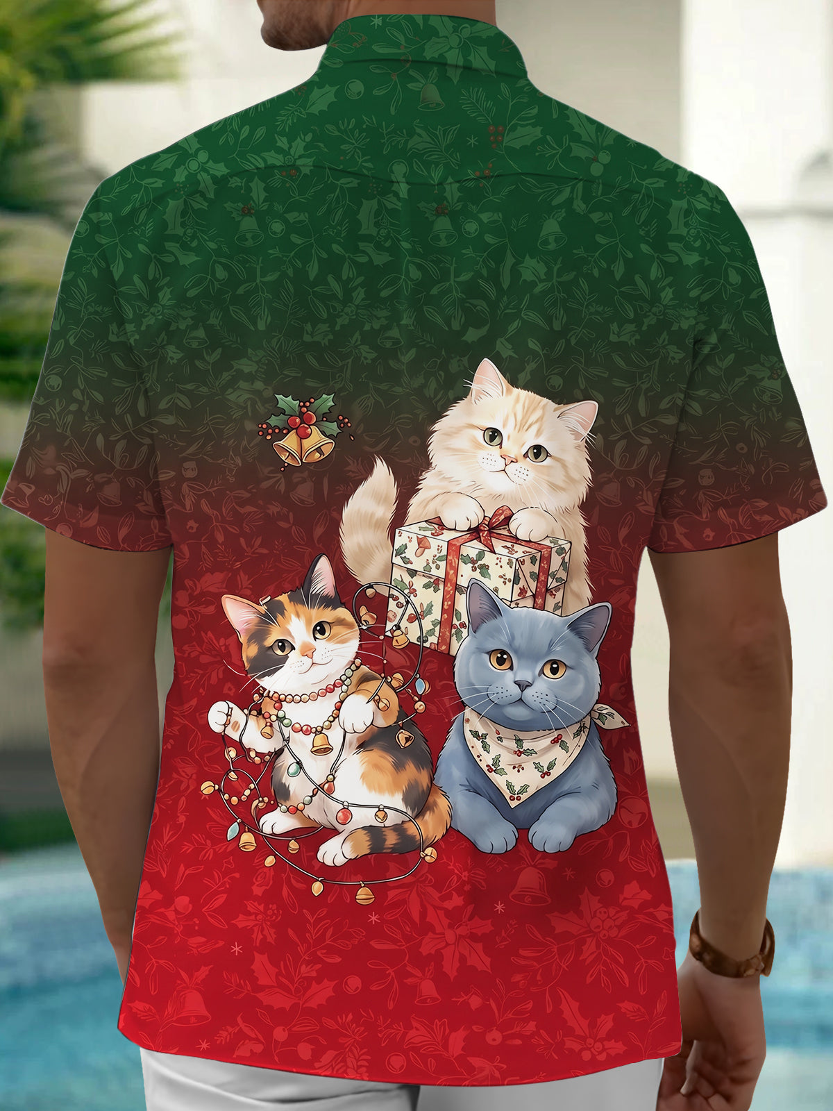 Oceanlyte Men's Christmas Cats With Gifts And Lights Print Short Sleeve Shirt with Chest Pocket