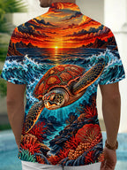 Oceanlyte Men's Hawaiian Sea Turtle And Coral Reef Print Short Sleeve Shirt with Chest Pocket