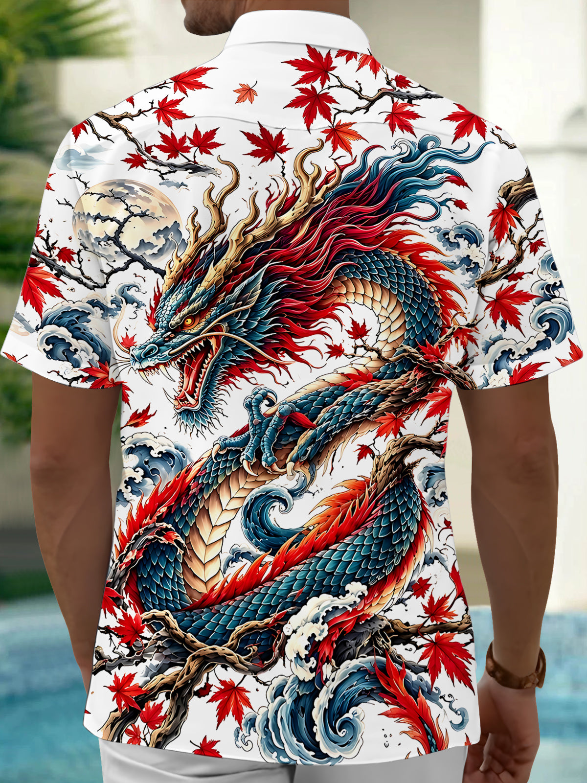 Oceanlyte Men's Hawaiian Dragon Print Maple Leaf Print Short Sleeve Shirt with Chest Pocket