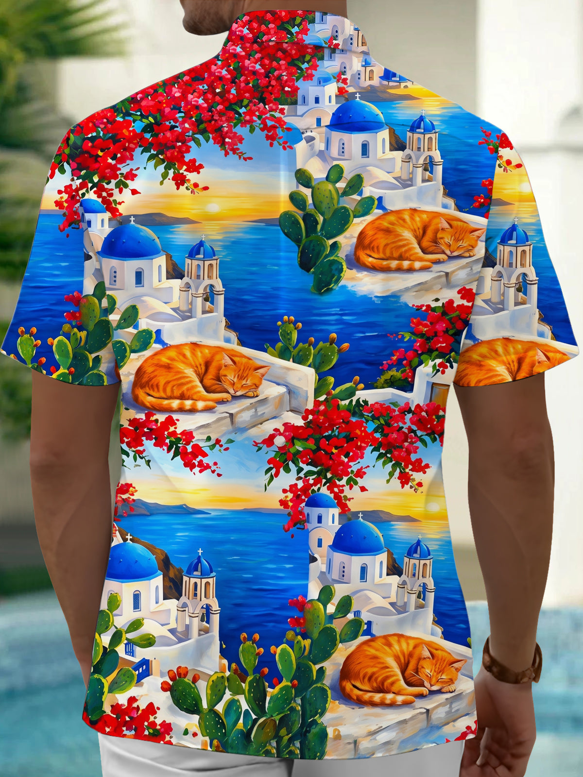 Oceanlyte Men's Hawaiian Santorini Scenery Print Short Sleeve Shirt with Chest Pocket