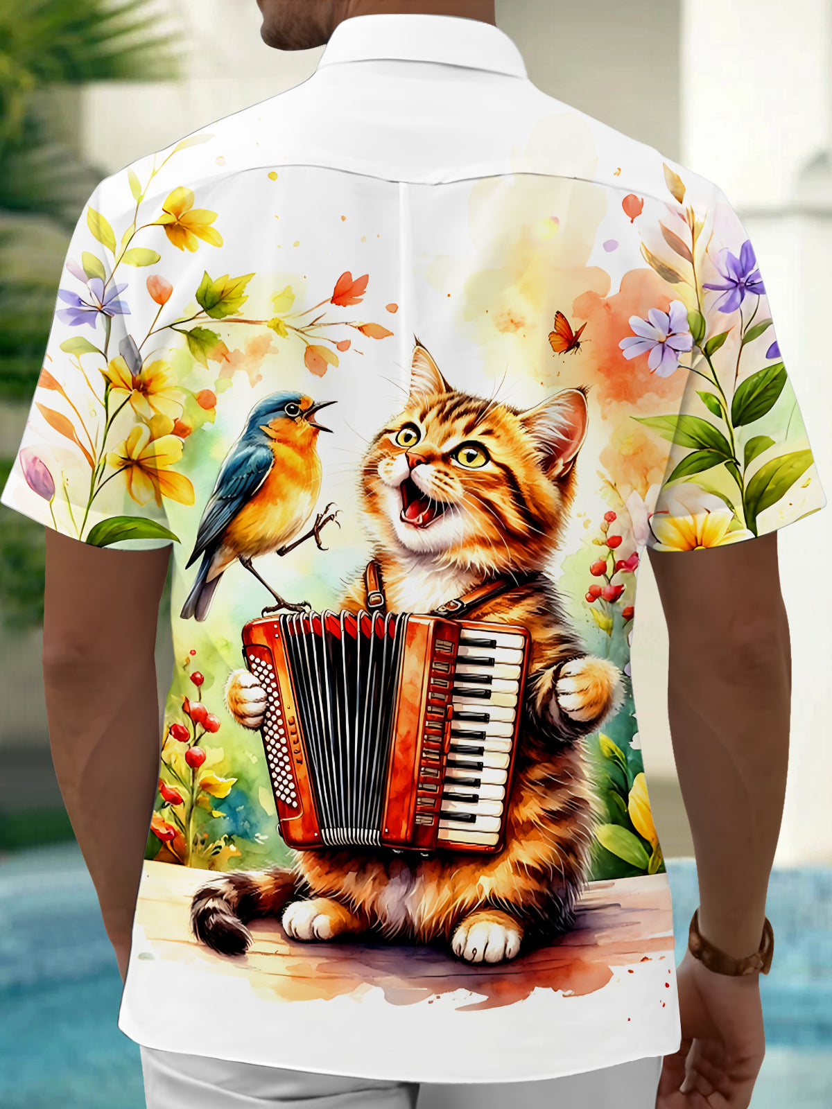 Oceanlyte Men's Graphic Cat Playing Accordion Print Short Sleeve Shirt with Chest Pocket