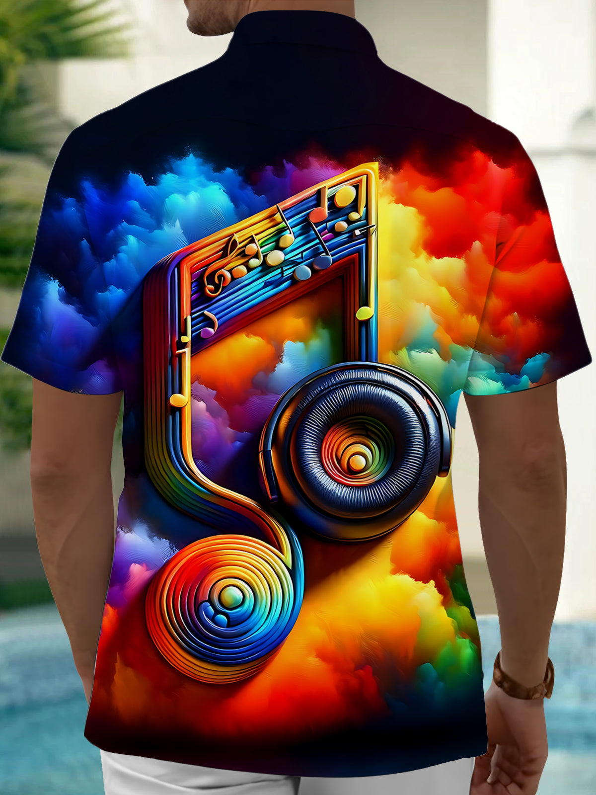 Oceanlyte Men's Graphic Rainbow Musical Note Print Short Sleeve Shirt with Chest Pocket