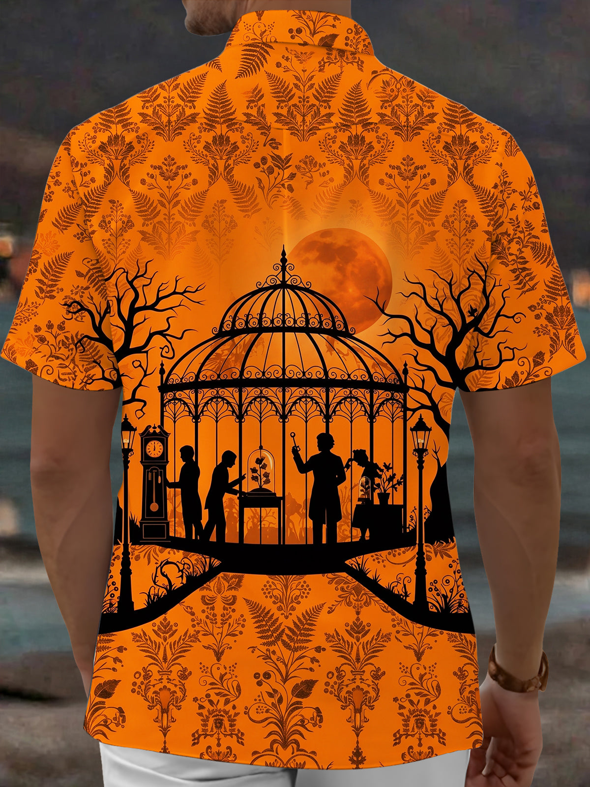 Oceanlyte Men's Short Sleeve Shirt - Halloween Greenhouse Silhouette With Dead Trees And Blood Moon Print with Chest Pocket