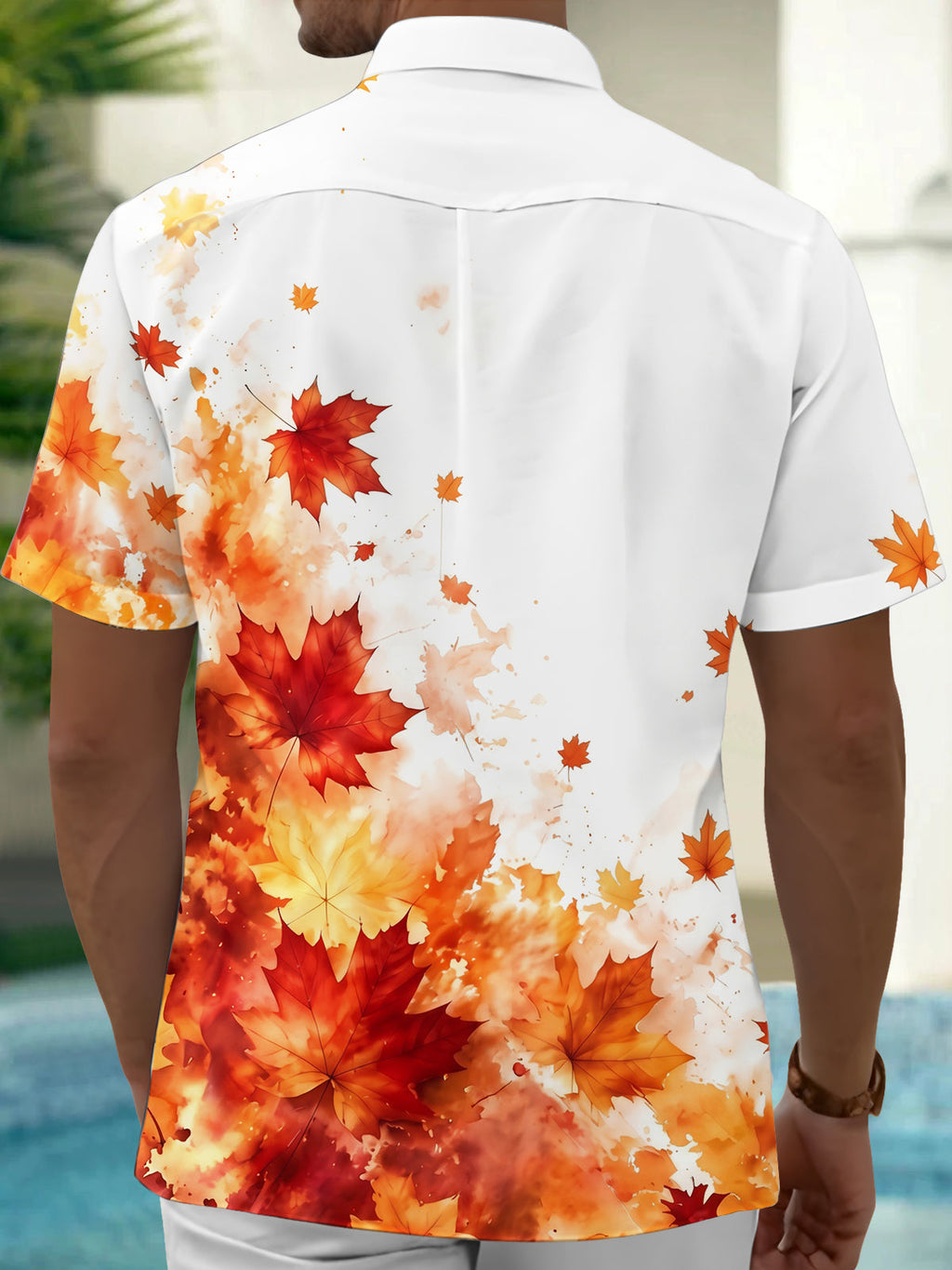 Oceanlyte Men's Printed Watercolor Maple Leaves Print Short Sleeve Shirt with Chest Pocket