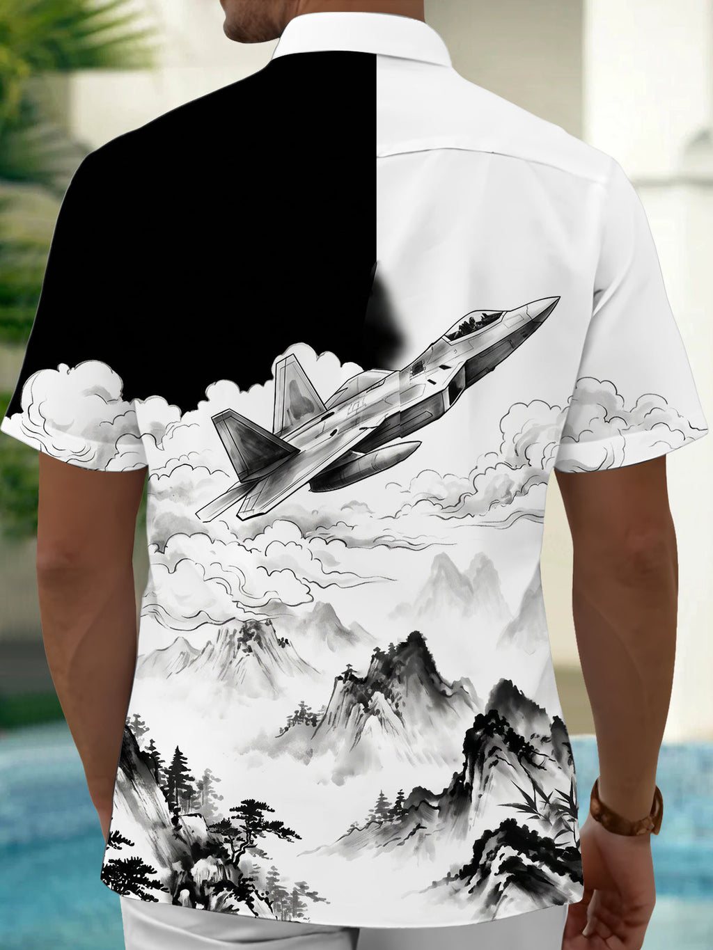 The "Stealth Ink" Oceanlyte Men's Short Sleeve Shirt - Fighter Jet And Ink Wash Landscape Print with Chest Pocket