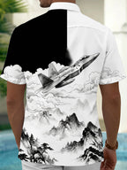 The "Stealth Ink" Oceanlyte Men's Short Sleeve Shirt - Fighter Jet And Ink Wash Landscape Print with Chest Pocket
