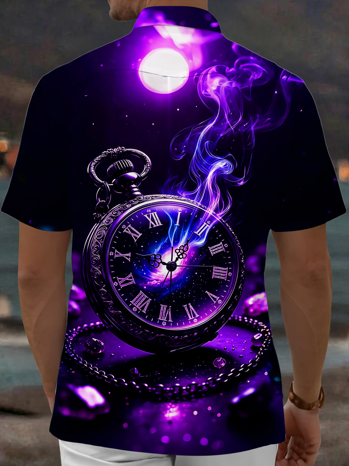 Oceanlyte Men's Purple Nebula Pocket Watch Print Short Sleeve Shirt with Chest Pocket