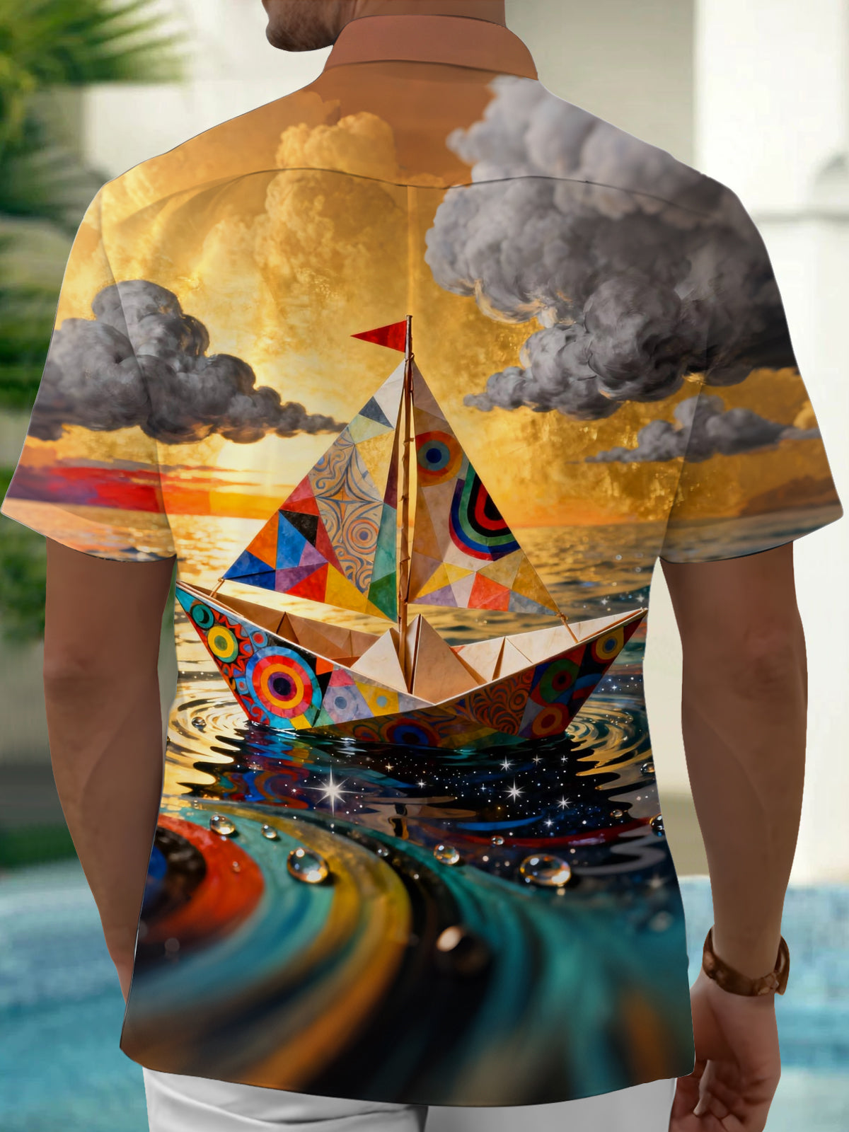 Oceanlyte Men's Graphic Paper Boat Sunset Print Short Sleeve Shirt with Chest Pocket