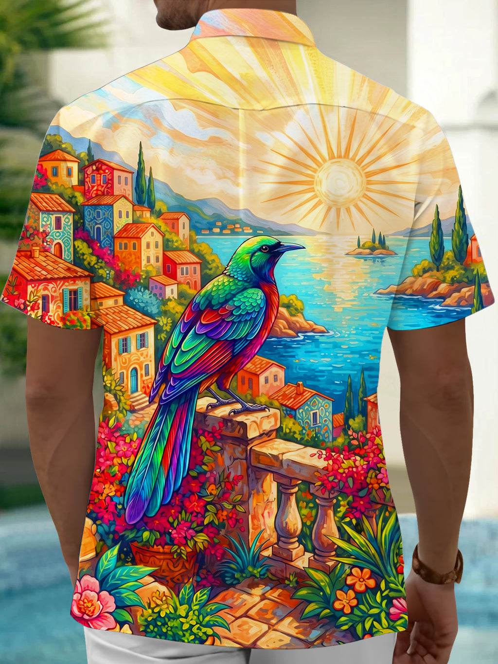 Oceanlyte Men's Hawaiian Colorful Bird Print Short Sleeve Shirt with Chest Pocket