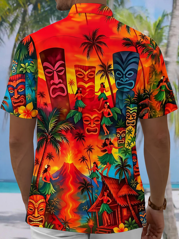 Hawaiian Coconut Trees Volcano Tiki Men's Pocket Short Sleeve Shirts