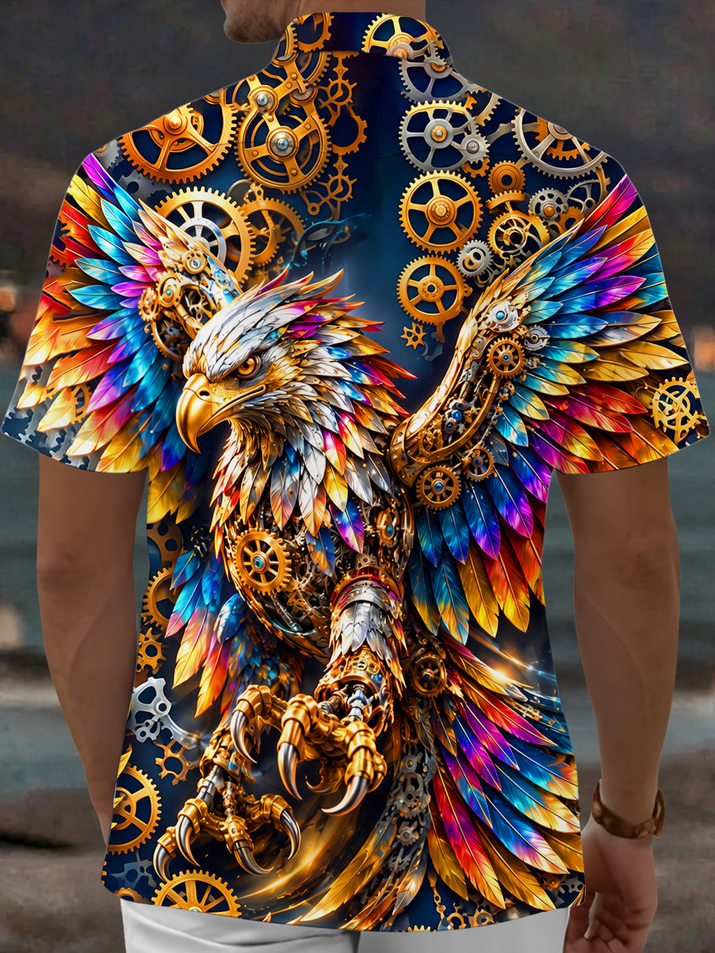 Oceanlyte Men's Short Sleeve Shirt - Steampunk Eagle With Gears And Colorful Feathers Print with Chest Pocket
