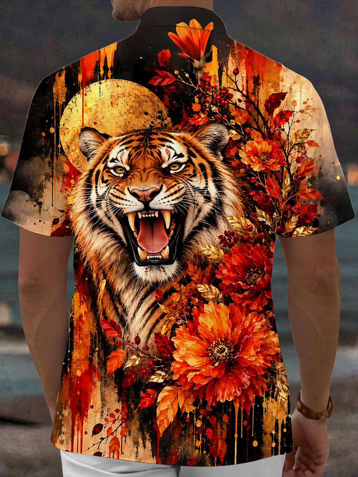 Oceanlyte Men's Graphic Roaring Tiger Head Print Short Sleeve Shirt with Chest Pocket
