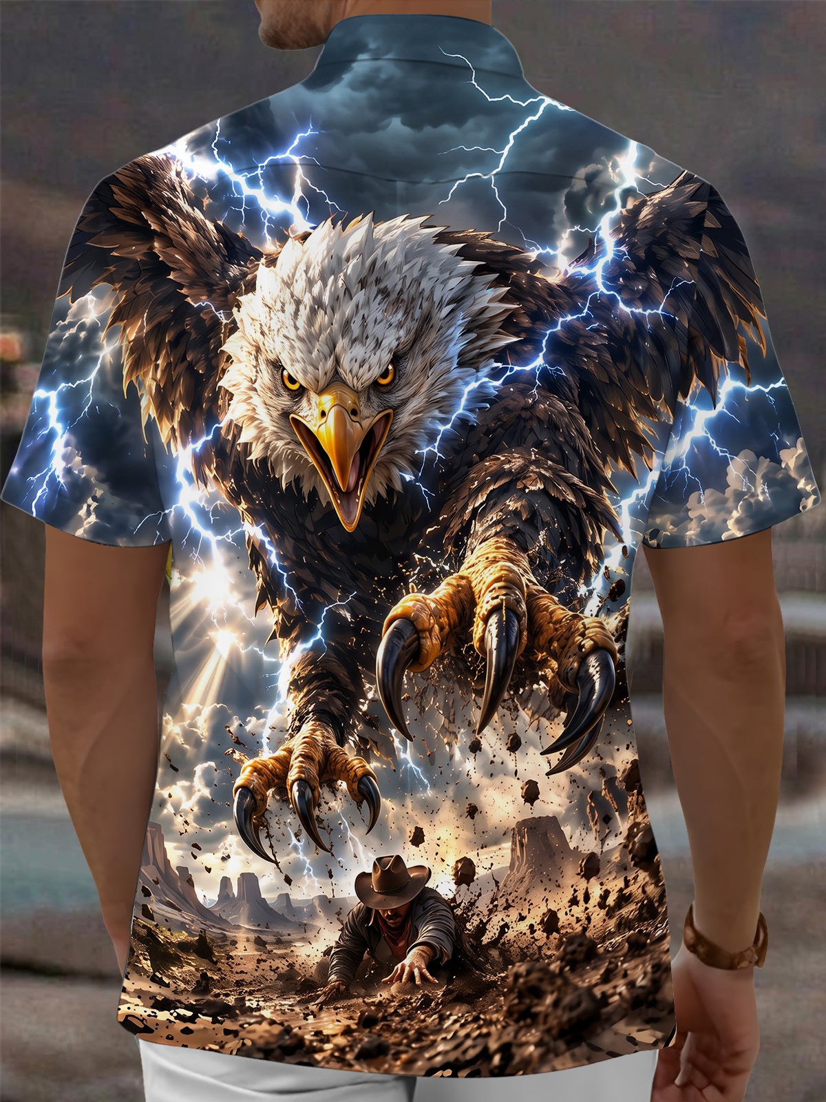 Oceanlyte Men's Short Sleeve Shirt - Eagle With Lightning And Desert Landscape Print with Chest Pocket
