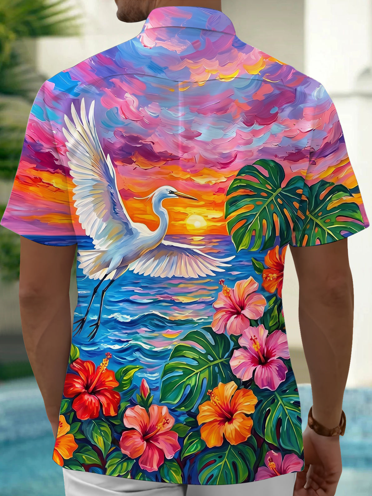 Oceanlyte Men's White Heron Bird Over Sunset Ocean Print Short Sleeve Shirt with Chest Pocket
