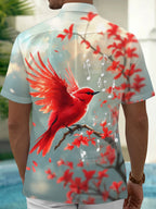 Oceanlyte Men's Graphic Red Bird Print Musical Notes Print Short Sleeve Shirt with Chest Pocket