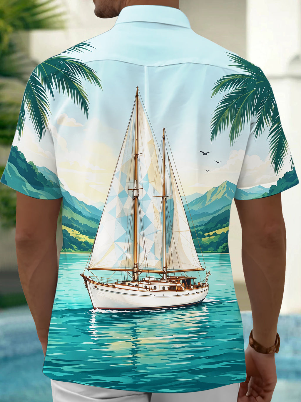 Oceanlyte Men's Short Sleeve Shirt - Sailboat On Water With Palm Trees And Mountains Print with Chest Pocket