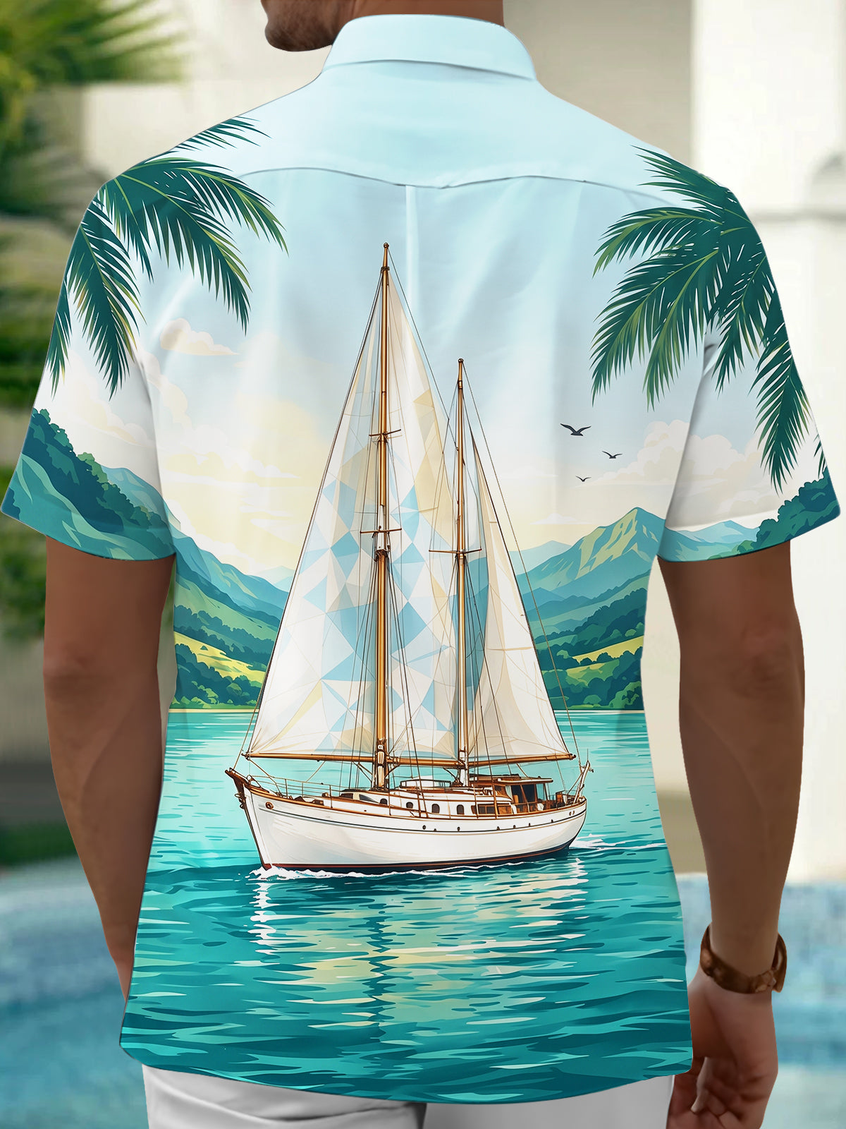 Oceanlyte Men's Short Sleeve Shirt - Sailboat On Water With Palm Trees And Mountains Print with Chest Pocket