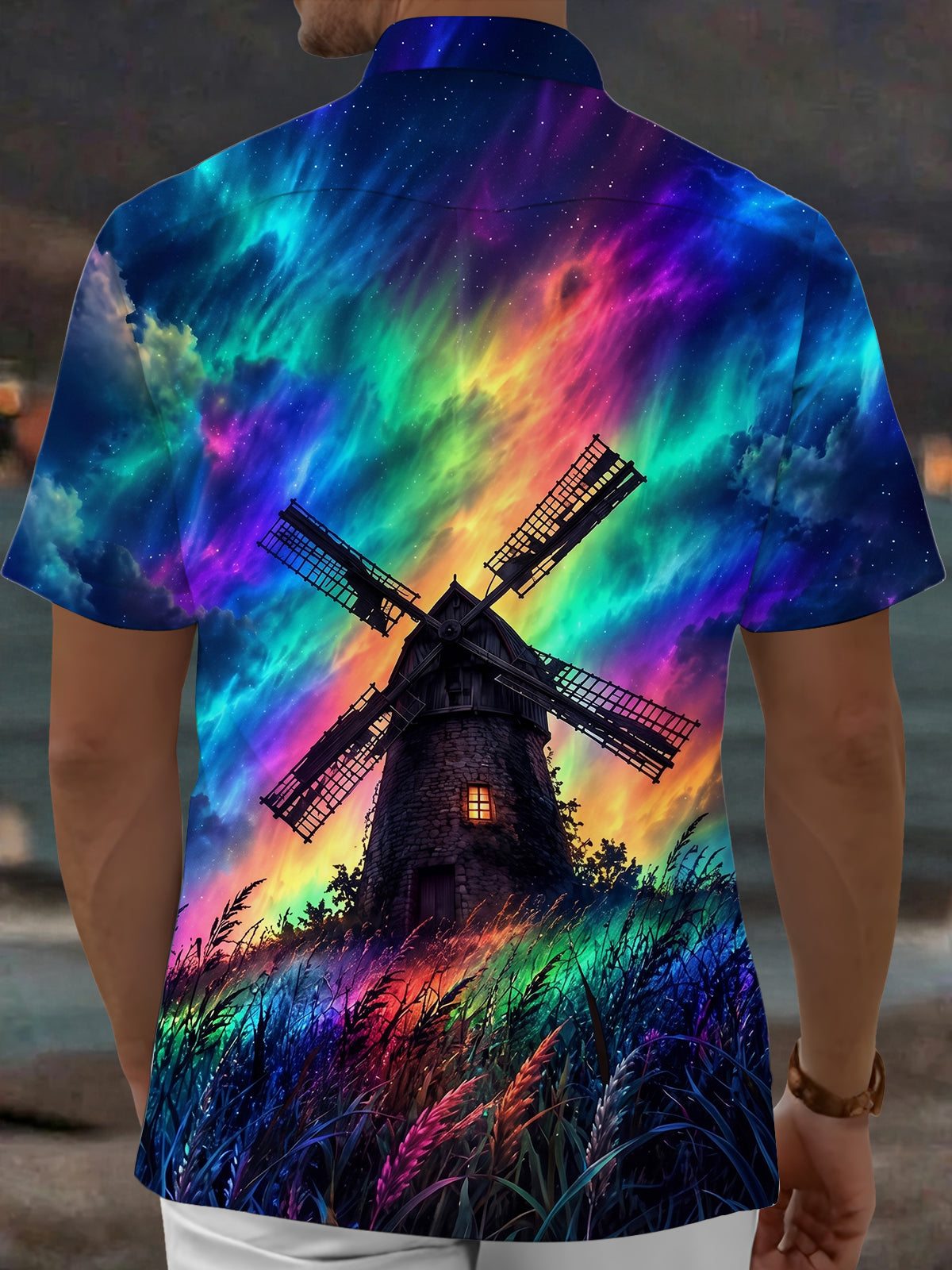Oceanlyte Men's Windmill And Aurora Borealis Sky Print Short Sleeve Shirt with Chest Pocket