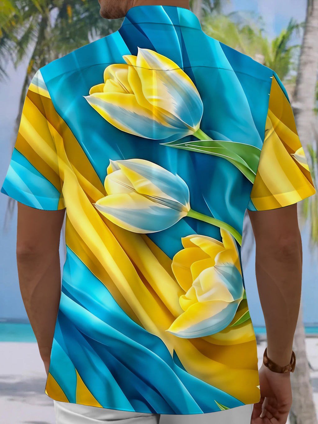 Oceanlyte Men's Hawaiian Yellow And Blue Floral Print Short Sleeve Shirt with Chest Pocket