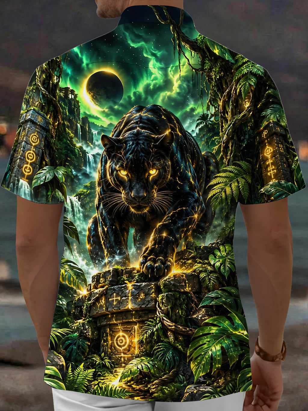 Oceanlyte Men's Black Panther With Glowing Golden Lines Print Short Sleeve Shirt with Chest Pocket