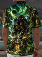 Oceanlyte Men's Black Panther With Glowing Golden Lines Print Short Sleeve Shirt with Chest Pocket