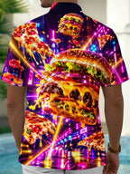 Oceanlyte Men's Graphic Neon Hamburger And Pizza Slices Print Short Sleeve Shirt with Chest Pocket