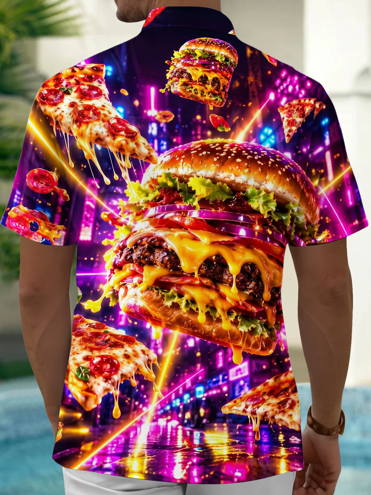 Oceanlyte Men's Graphic Neon Hamburger And Pizza Slices Print Short Sleeve Shirt with Chest Pocket