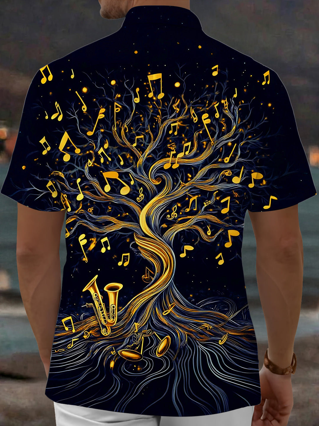 Oceanlyte Men's Graphic Saxophone Tree Print Short Sleeve Shirt with Chest Pocket