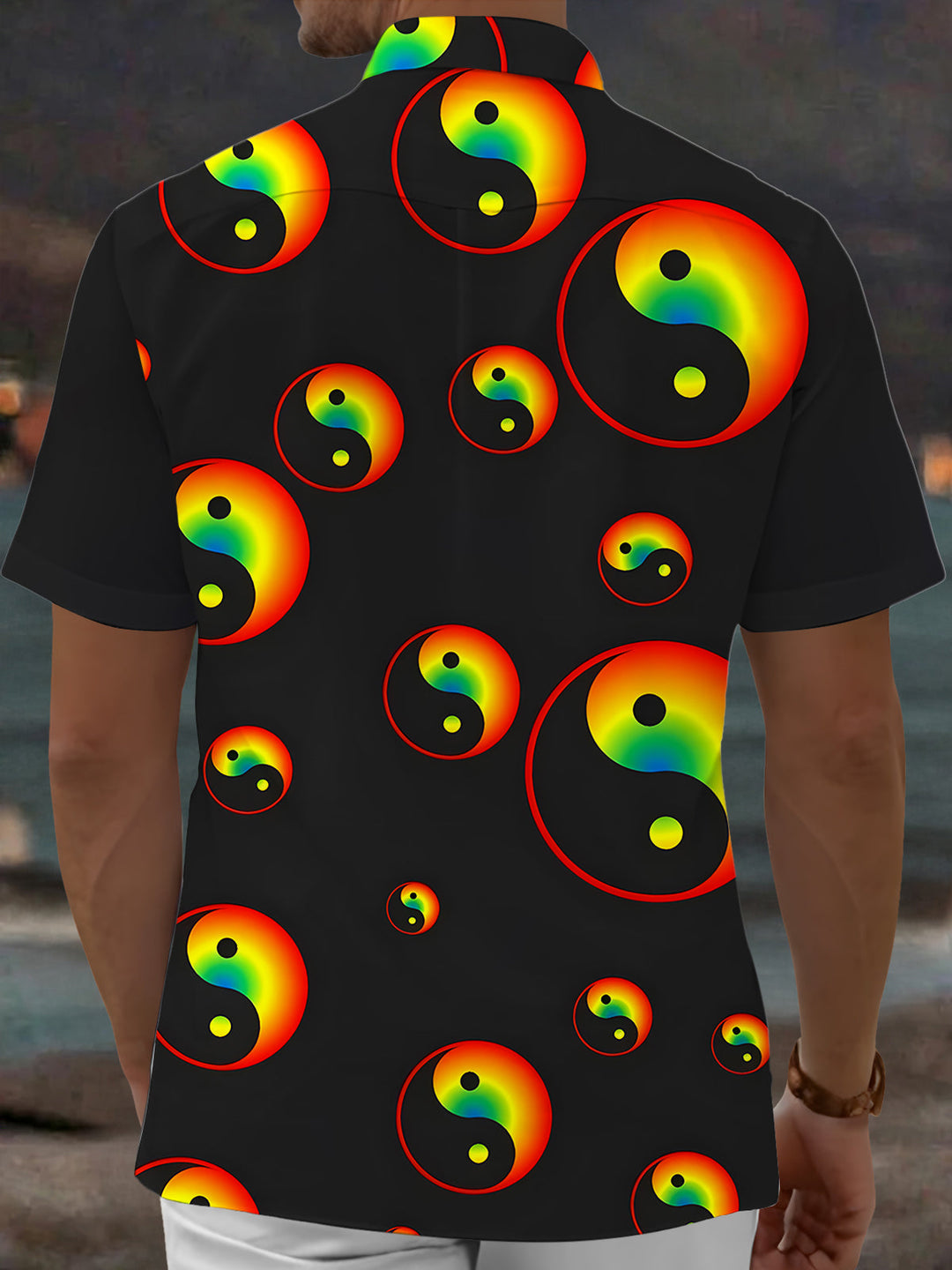 Oceanlyte Men's Graphic Rainbow Yin Yang Print Short Sleeve Shirt with Chest Pocket