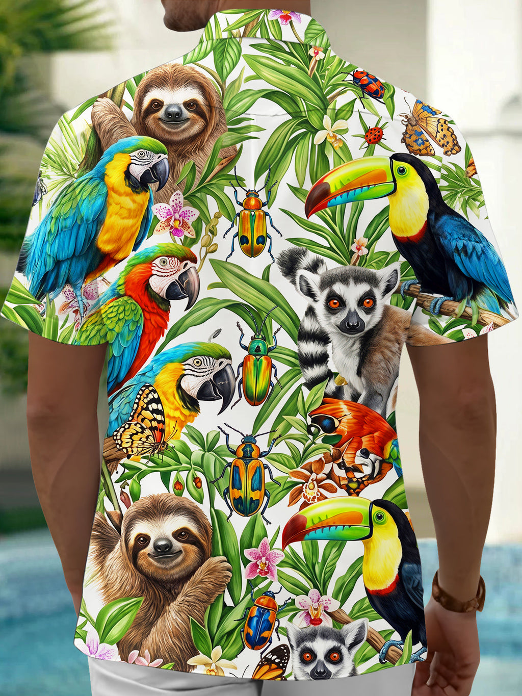 Oceanlyte Men's Rainforest Animals And Tropical Plants Print Short Sleeve Shirt with Chest Pocket