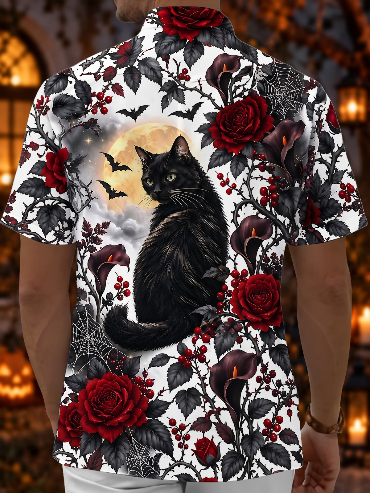 Oceanlyte Men's Halloween Black Cat With Bats And Moon Print Short Sleeve Shirt with Chest Pocket