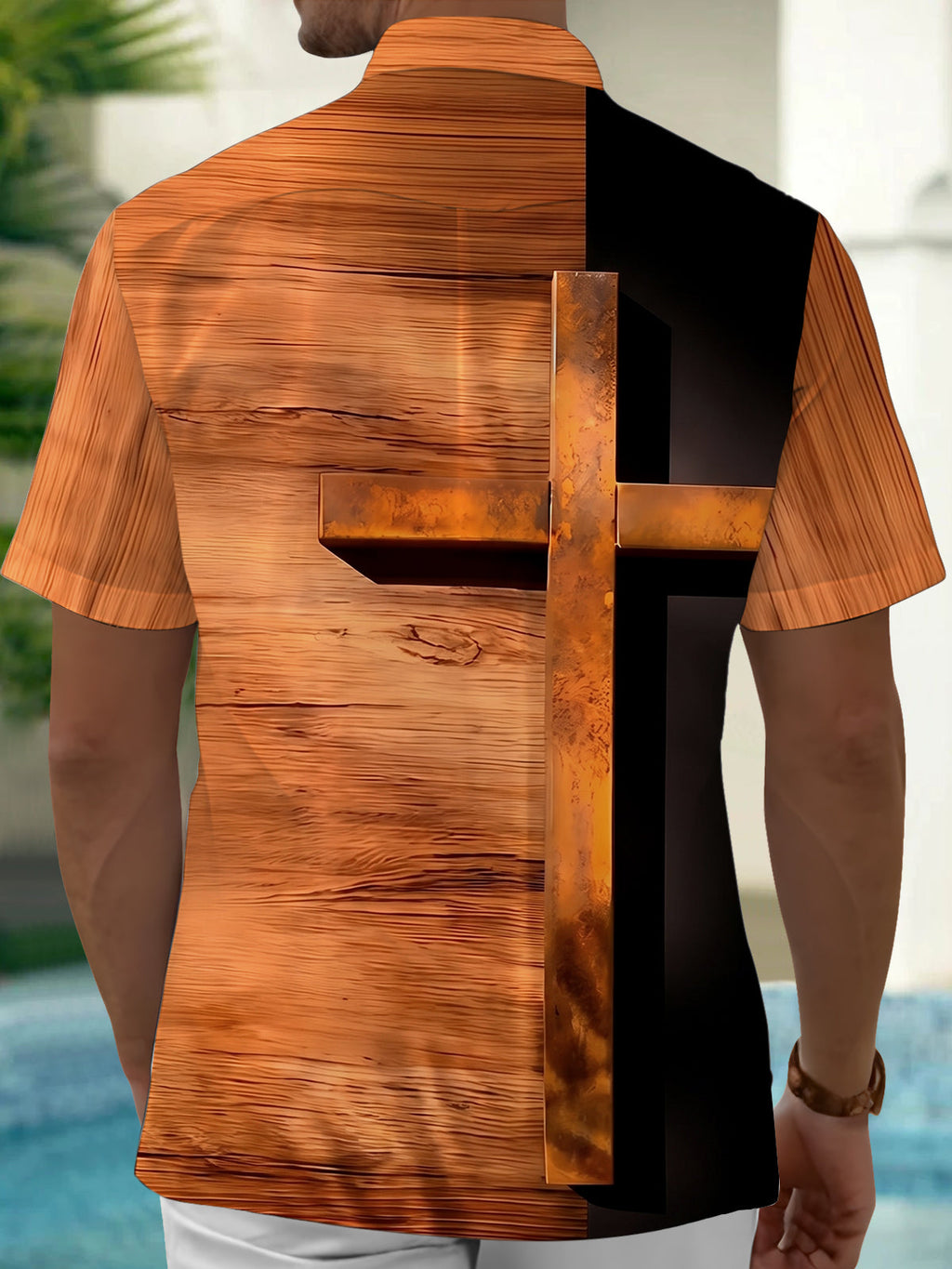 Oceanlyte Men's Vintage Style Wood Grain Texture Print Short Sleeve Shirt with Chest Pocket