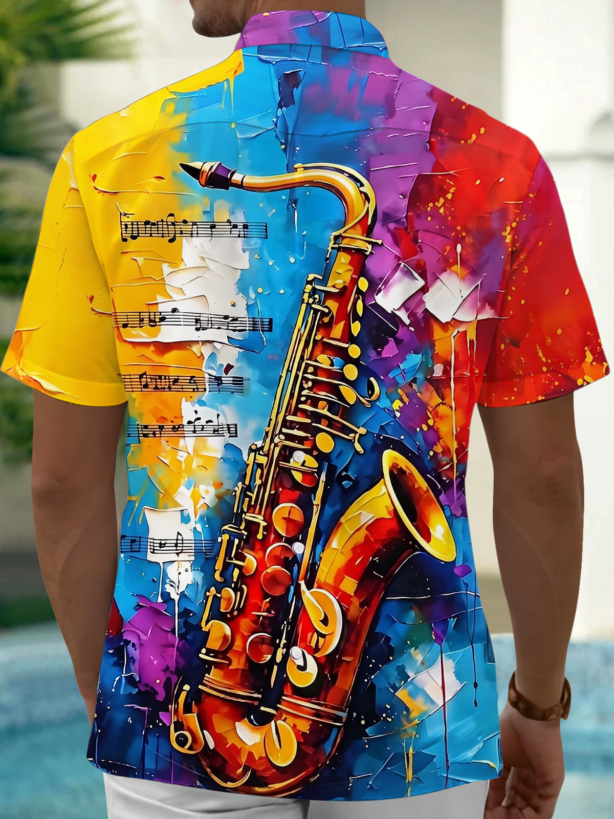 Oceanlyte Men's Graphic Saxophone Print Musical Notes Print Short Sleeve Shirt with Chest Pocket