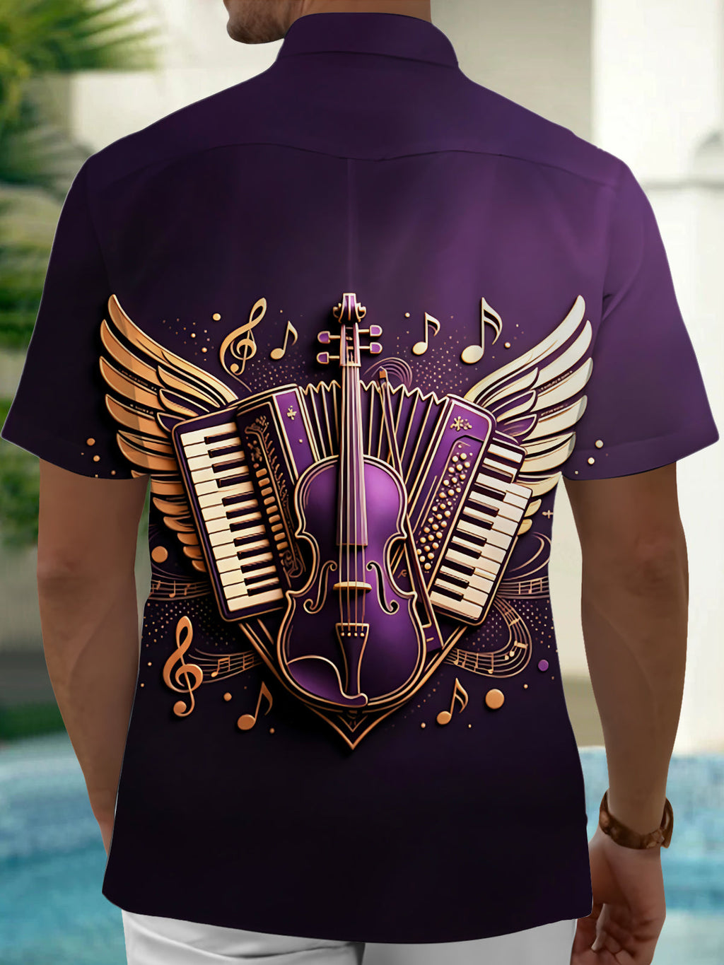 Oceanlyte Men's Graphic Musical Instruments Print Wings Print Short Sleeve Shirt with Chest Pocket