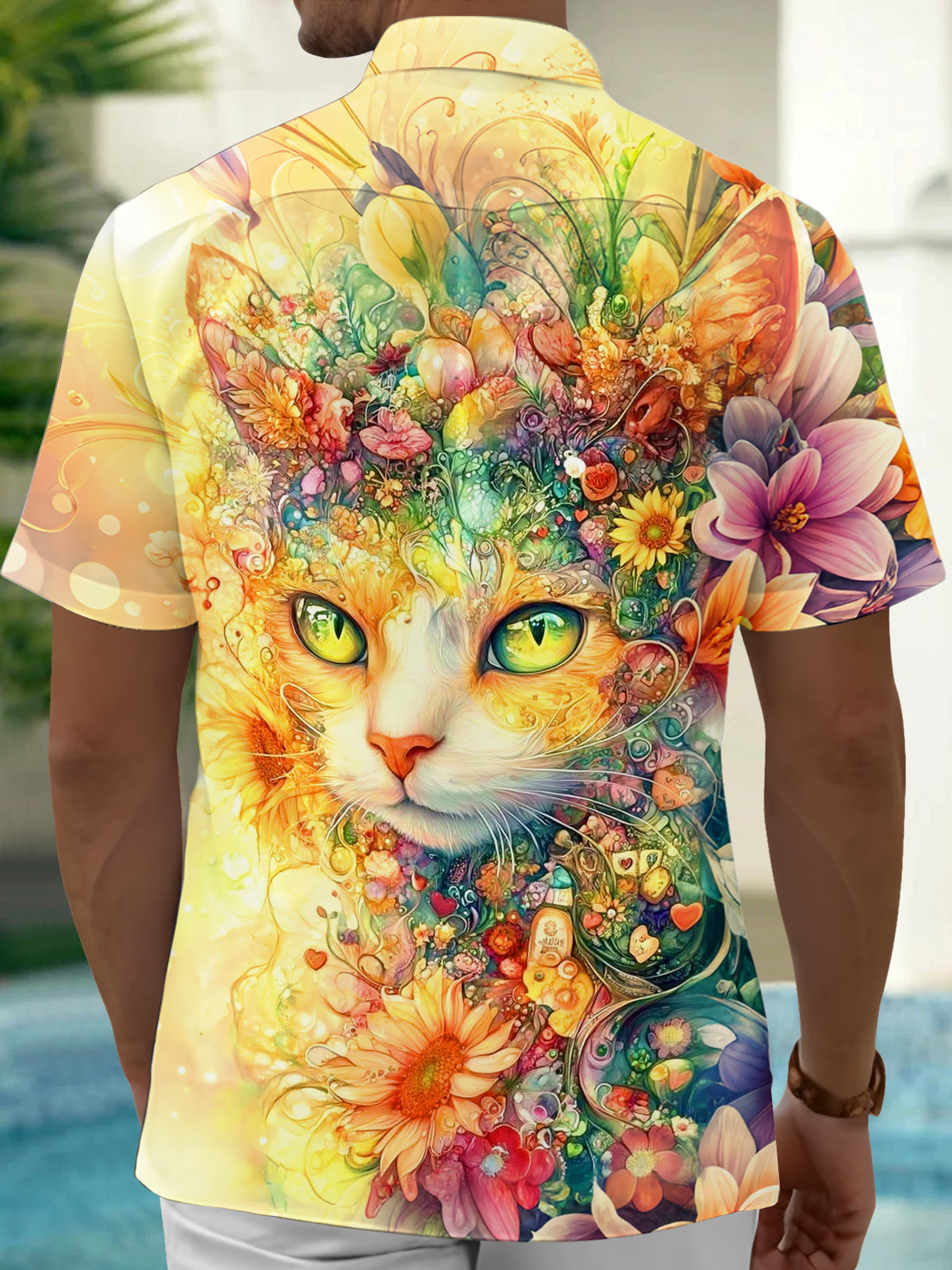 Oceanlyte Men's Hawaiian Cat Face Print Floral Pattern Short Sleeve Shirt with Chest Pocket