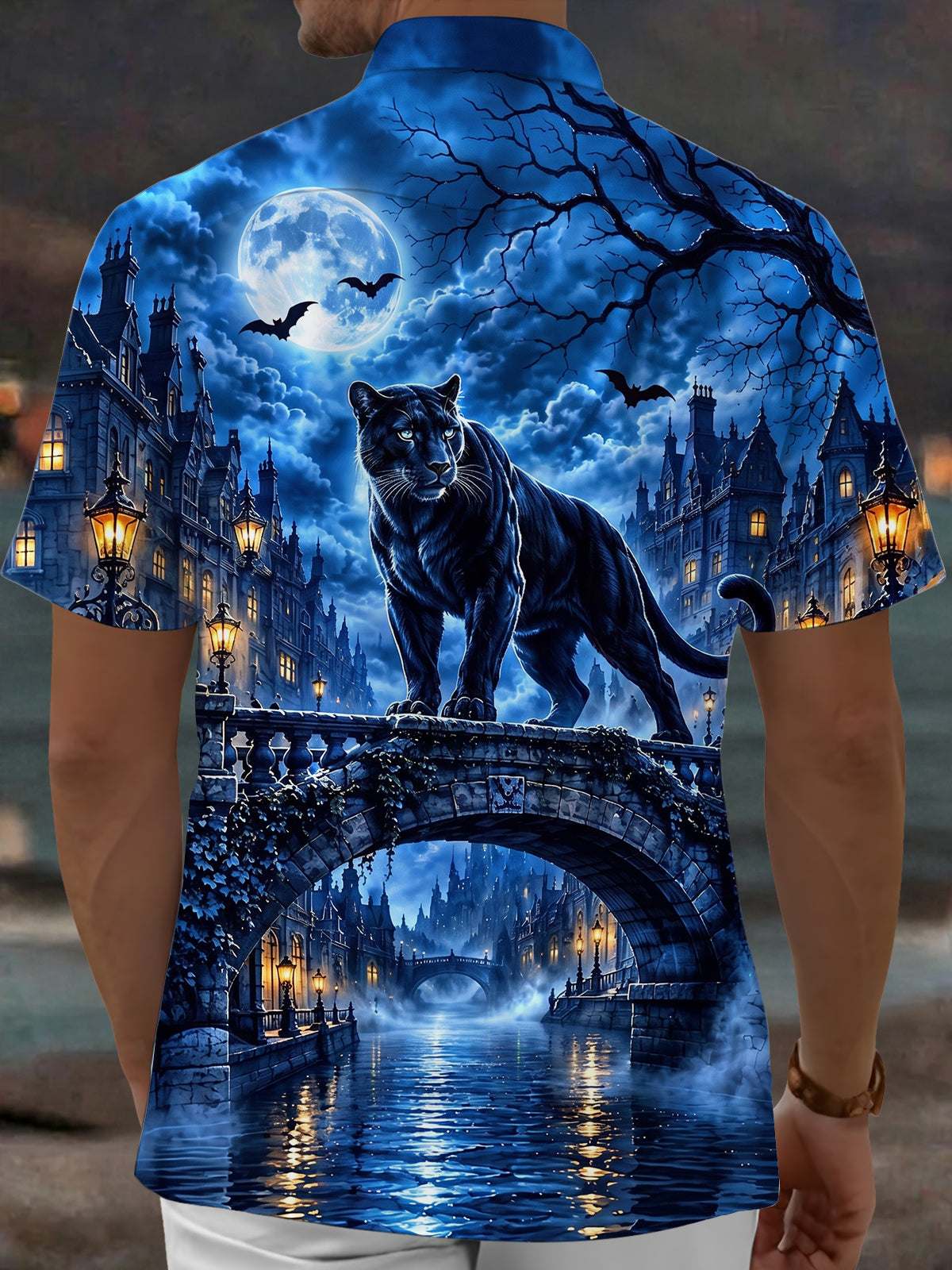 Oceanlyte Men's Short Sleeve Shirt - Halloween Black Panther On Bridge With Moon And Bats Print with Chest Pocket