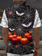 Oceanlyte Men's Short Sleeve Shirt - Halloween Pumpkins Bats Spiders And Spiderwebs Print with Chest Pocket