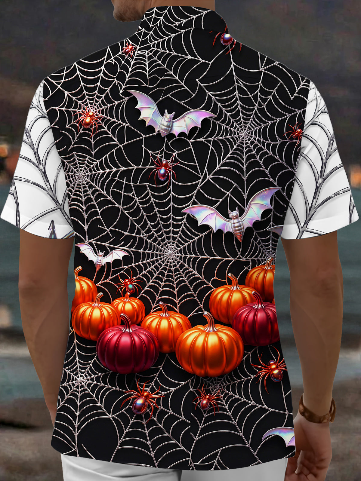 Oceanlyte Men's Short Sleeve Shirt - Halloween Pumpkins Bats Spiders And Spiderwebs Print with Chest Pocket