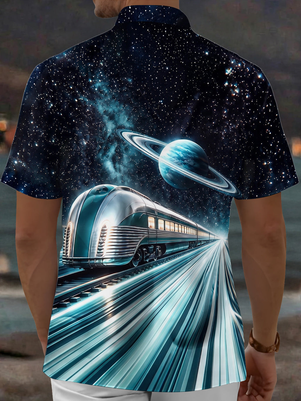 Oceanlyte Men's Graphic Interstellar Train And Planet Print Short Sleeve Shirt with Chest Pocket