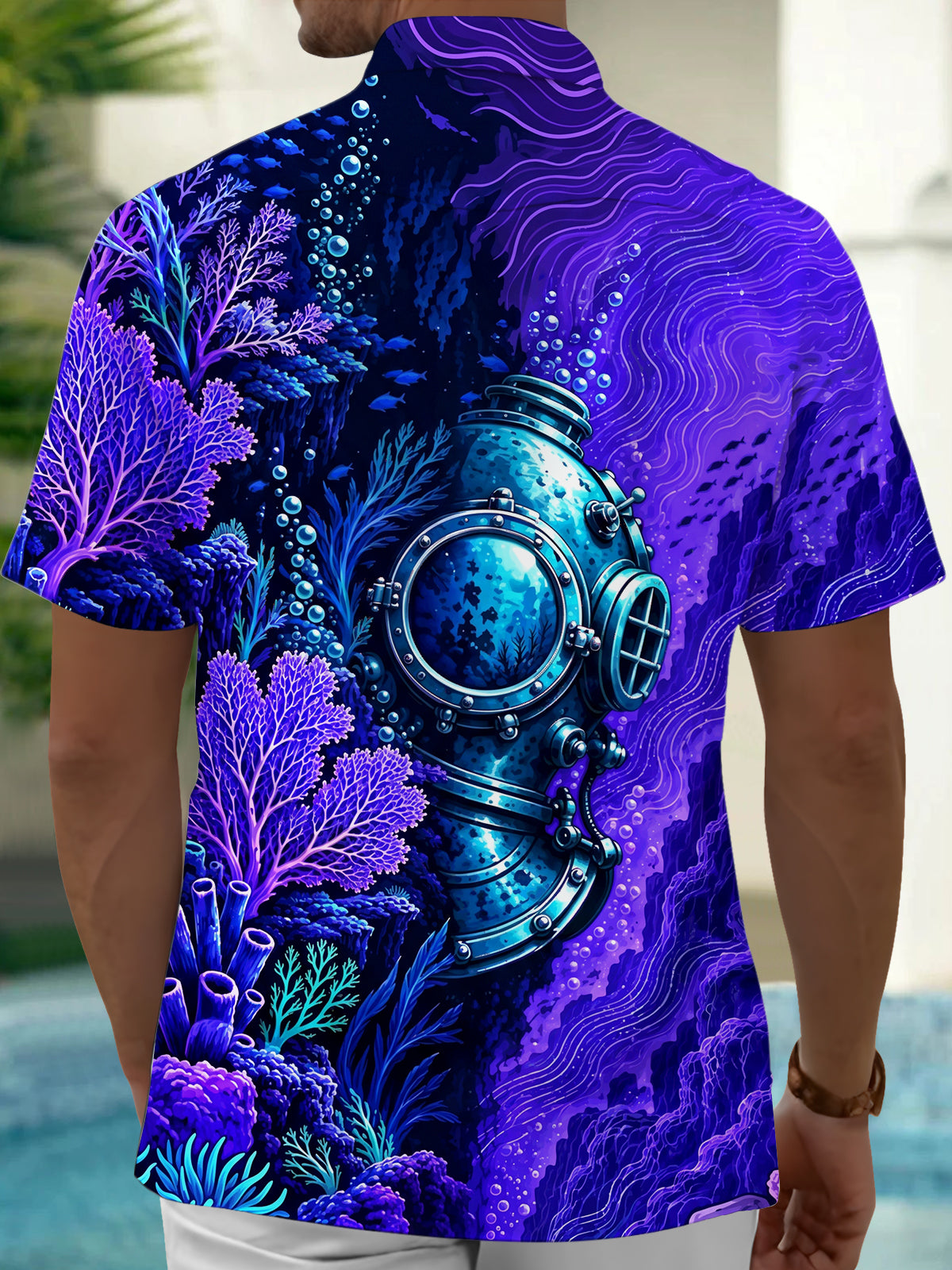 Oceanlyte Men's Short Sleeve Shirt - Vintage Diving Helmet And Underwater Coral Reef Print with Chest Pocket