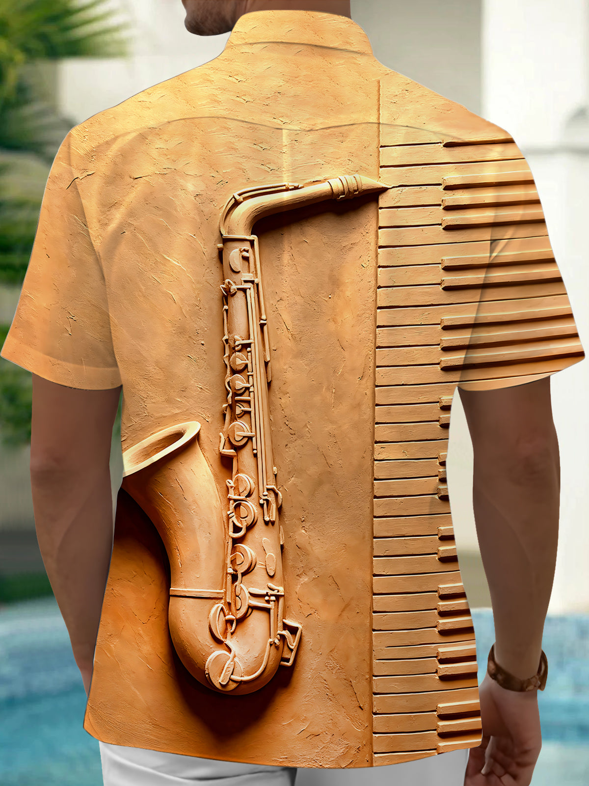 Oceanlyte Men's Vintage Style 3D Relief Saxophone Print Short Sleeve Shirt with Chest Pocket