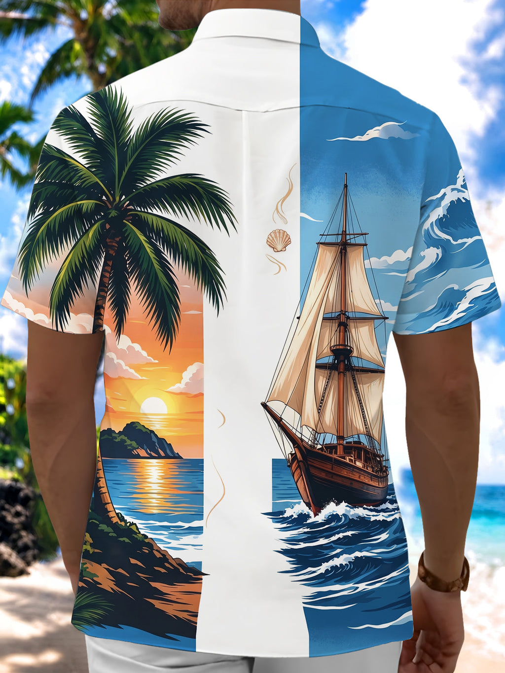 Oceanlyte Men's Sailing Ship And Palm Tree Sunset Print Short Sleeve Shirt with Chest Pocket