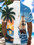 Oceanlyte Men's Sailing Ship And Palm Tree Sunset Print Short Sleeve Shirt with Chest Pocket