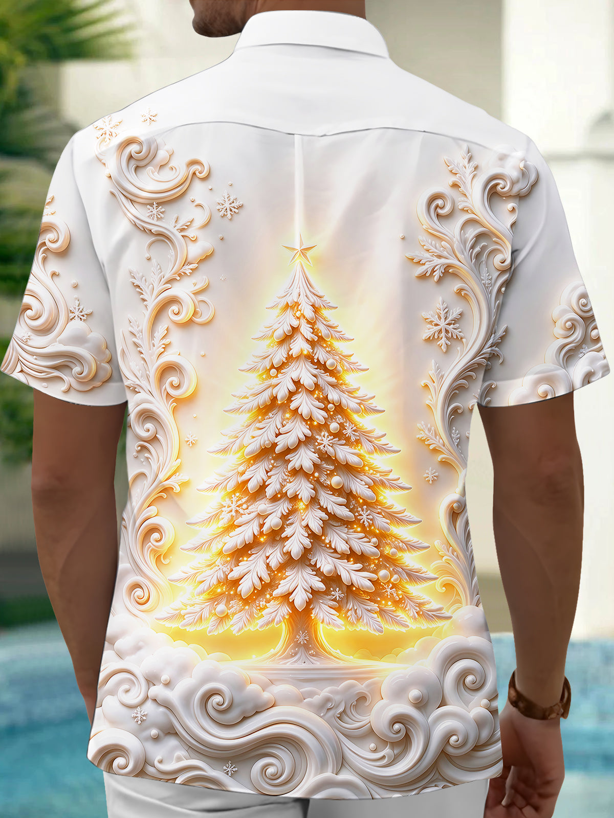 Oceanlyte Men's Glowing Christmas Tree With Scrollwork Print Short Sleeve Shirt with Chest Pocket