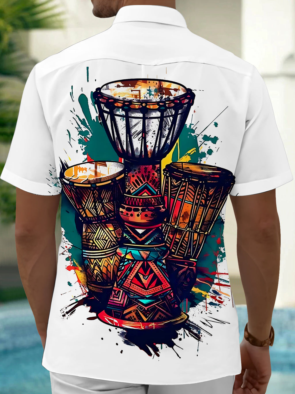 Oceanlyte Men's Graphic Djembe Drums Print Short Sleeve Shirt with Chest Pocket